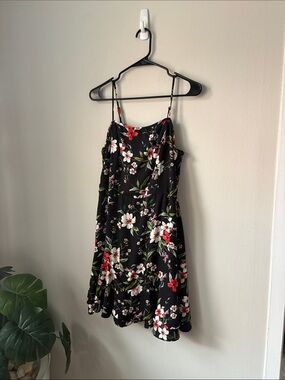 Xhilaration Black Mini Dress with Red, White & Green Floral Print